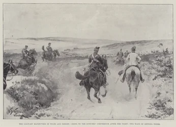De militaire manoeuvres in Wilts en Dorset, op weg naar de officierenconferentie na het gevecht, twee manieren om er te komen